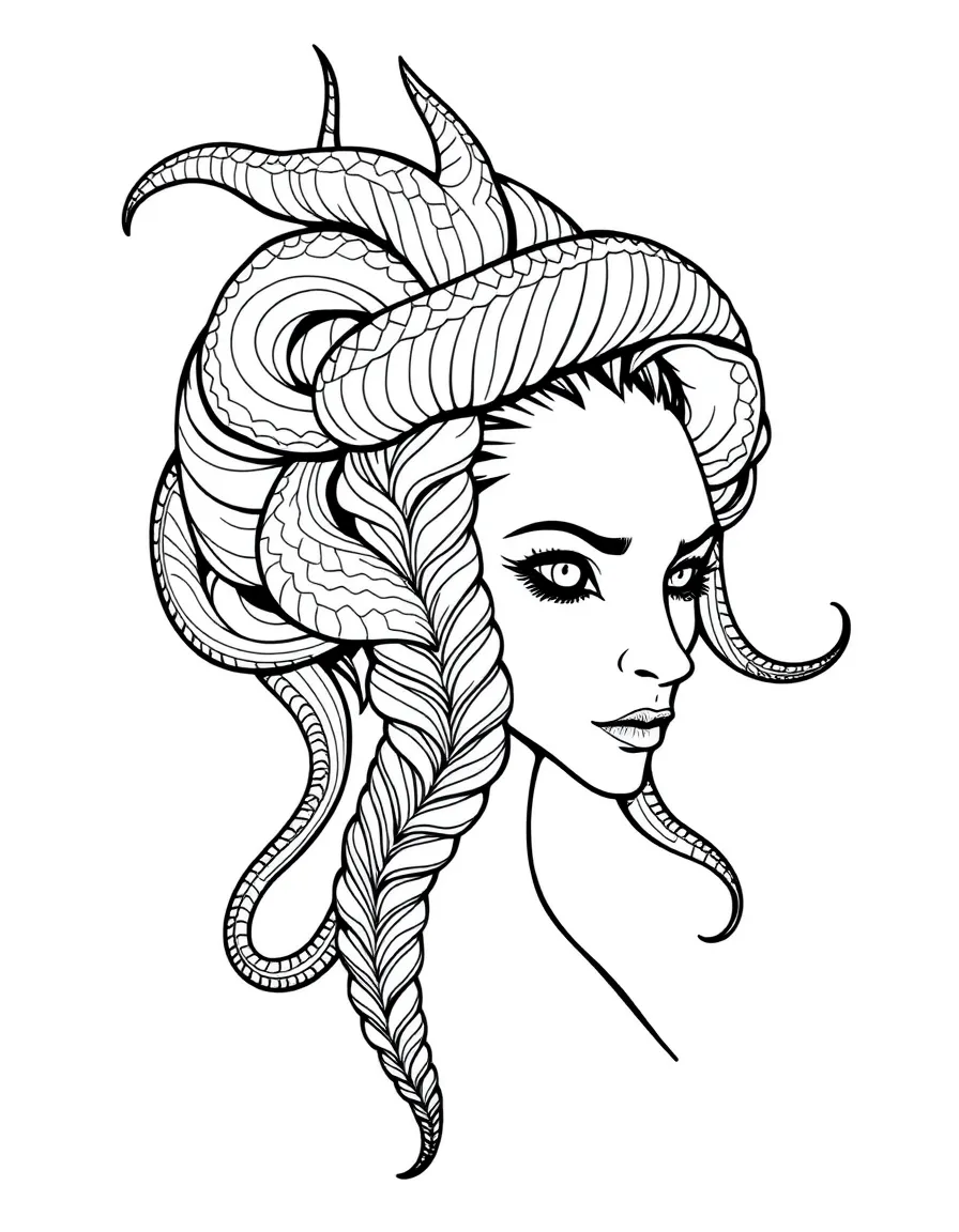 A gorgon with snake hair arranged in an elaborate braid or updo