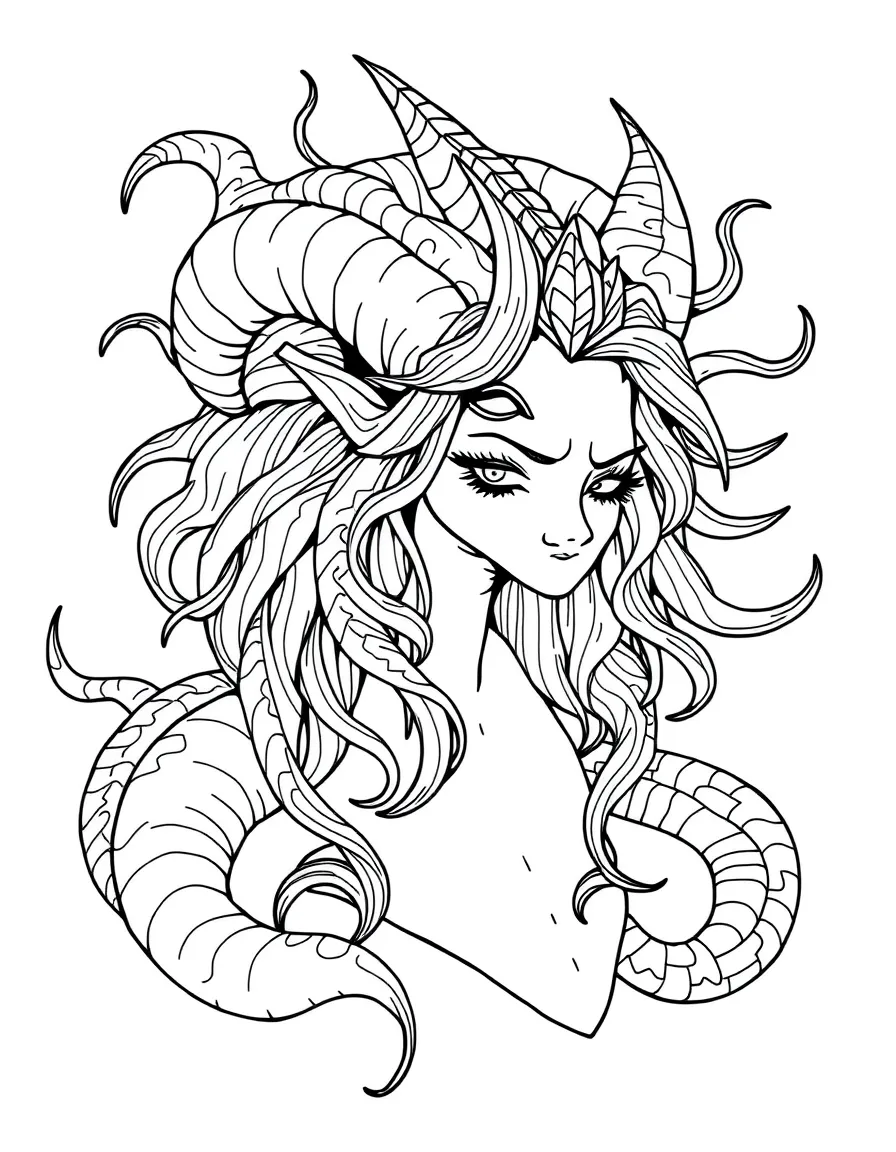 A gorgon whose snake hair reacts to her emotions