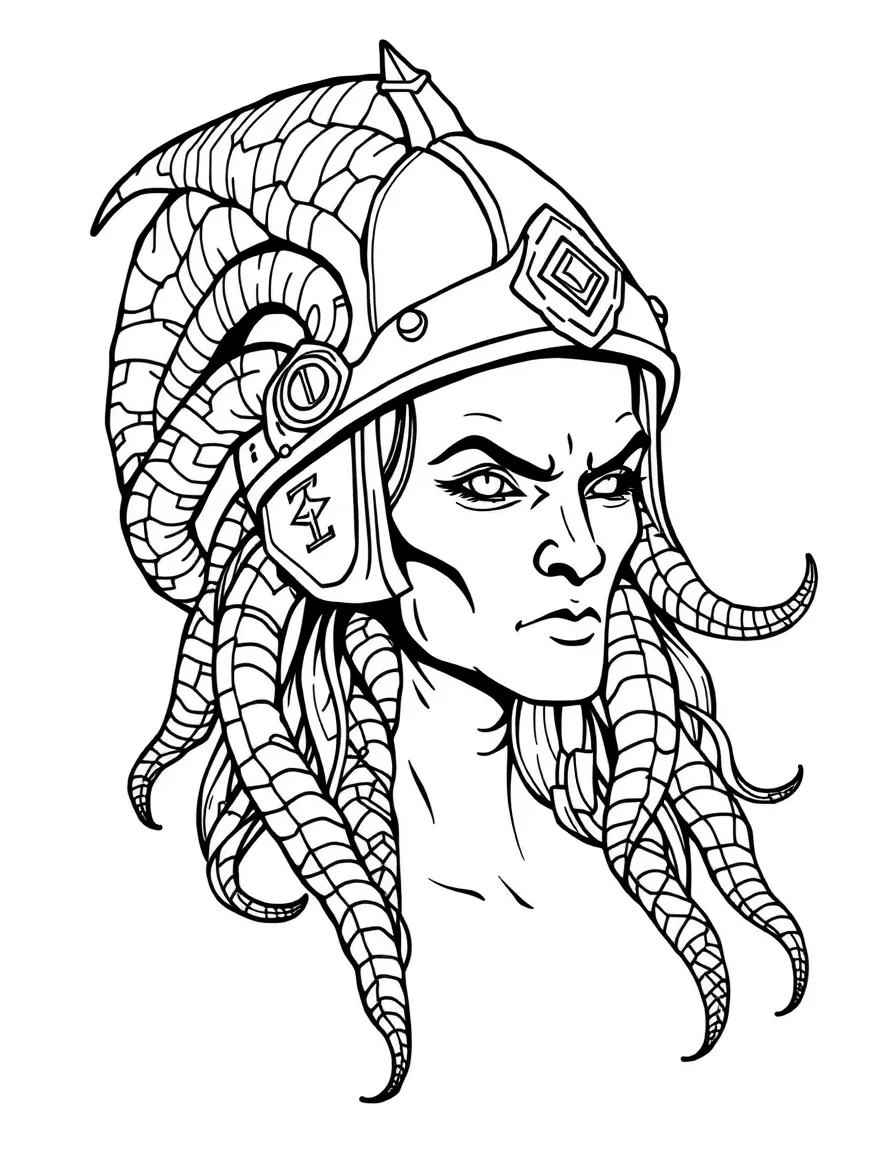A gorgon wearing a helmet designed to accommodate her snake hair