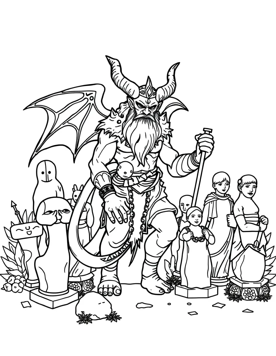 A gorgon with a garden of stone statues in different poses
