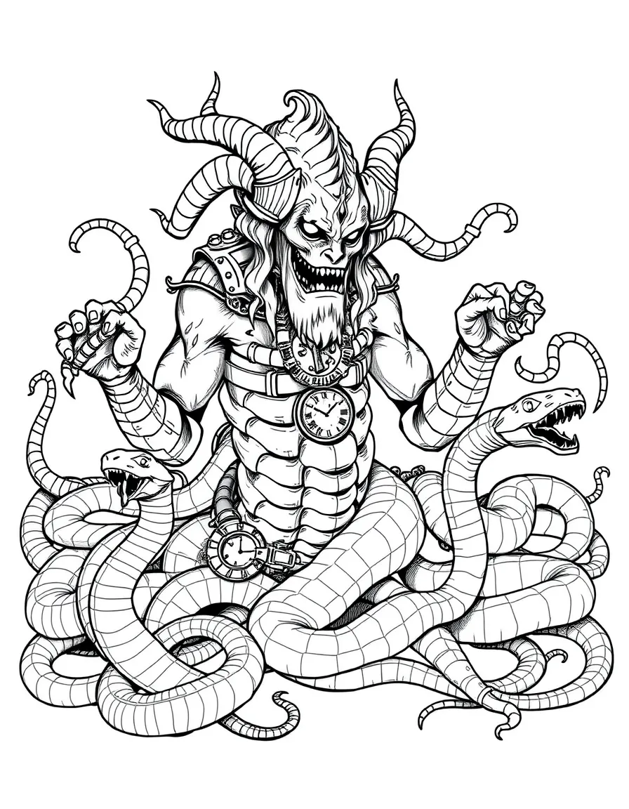 A gorgon with some mechanical or clockwork snakes among real ones