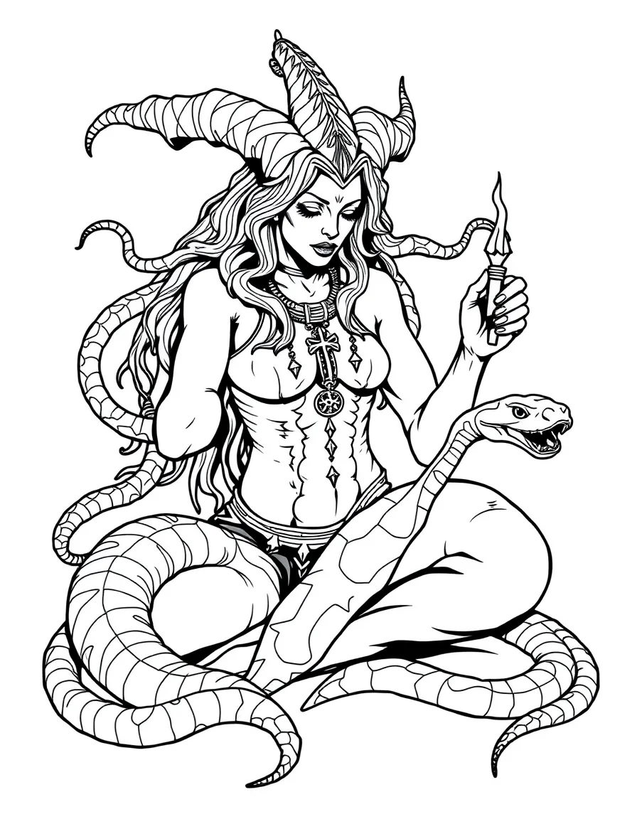 A gorgon healer using venom from her snakes as medicine