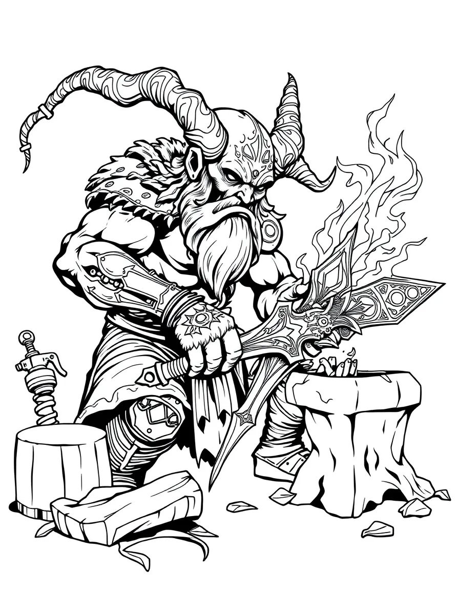 A cyclops blacksmith creating weapons with intricate designs