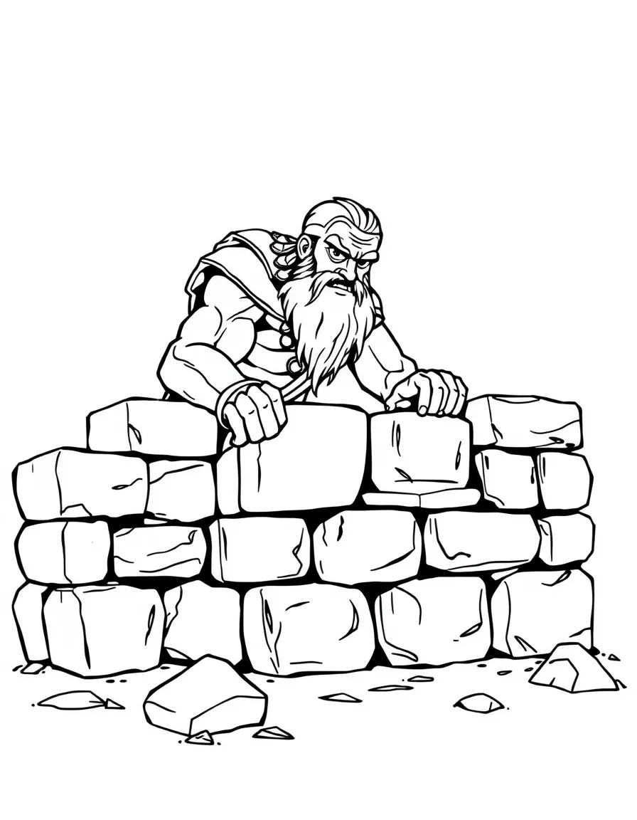 A cyclops building a stone wall with impossibly large blocks