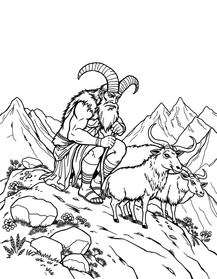 A cyclops tending to unusual livestock on a mountainside