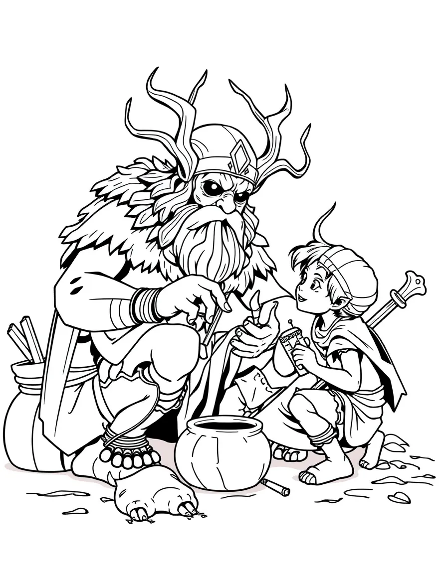 A cyclops elder teaching young ones about crafting