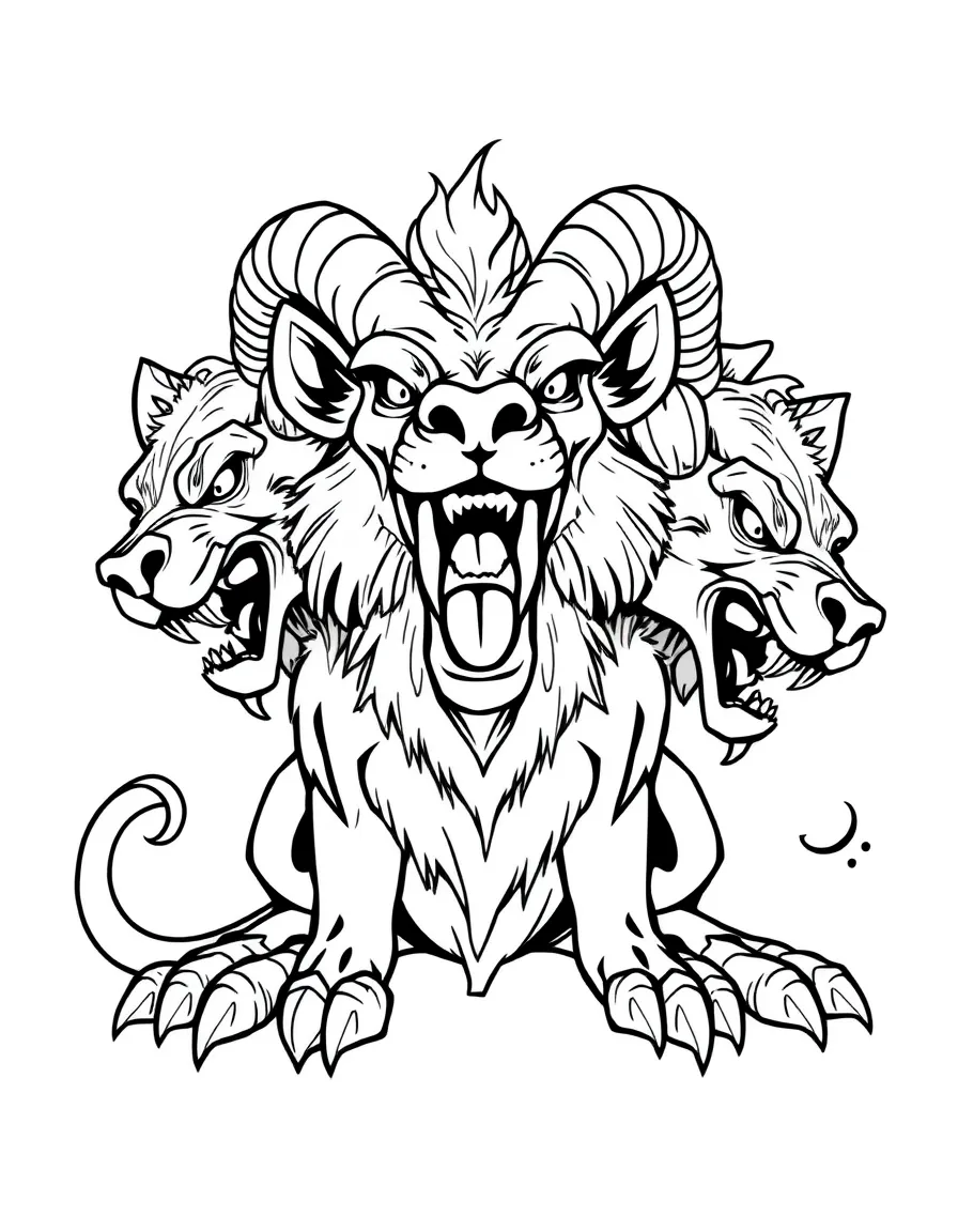 Cerberus with each head showing a different emotion