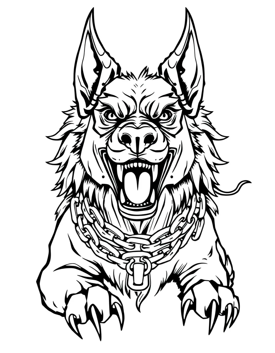 Cerberus with chains and collar showing its role as guardian
