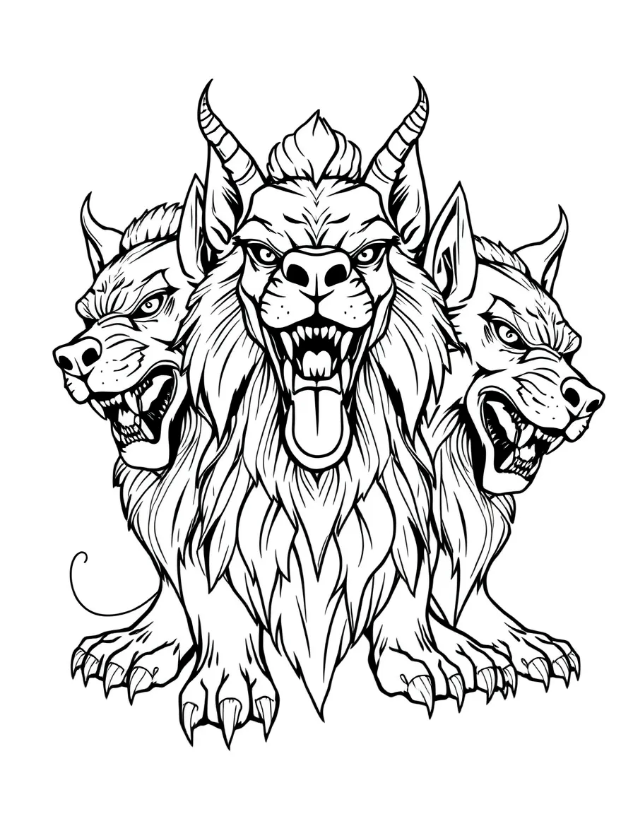 Cerberus with each head having distinct features and personalities