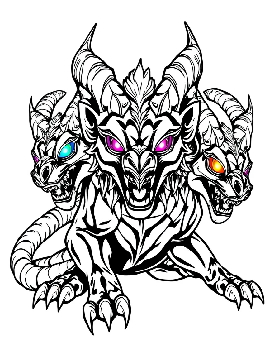 Cerberus with glowing eyes of different colors for each head