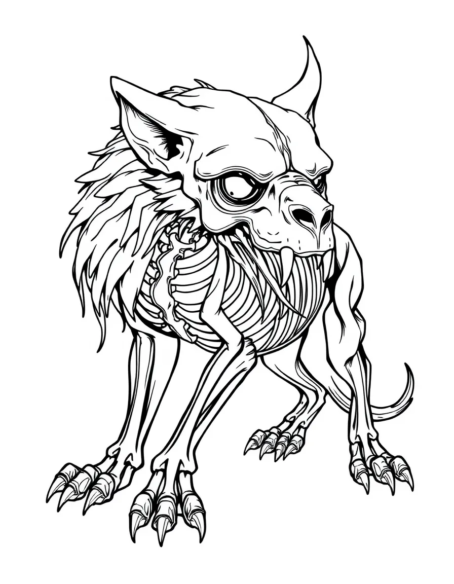 Cerberus with skeletal patterns visible through partial transparency