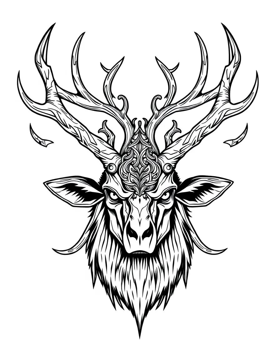 A wendigo with antlers forming an intricate crown-like pattern
