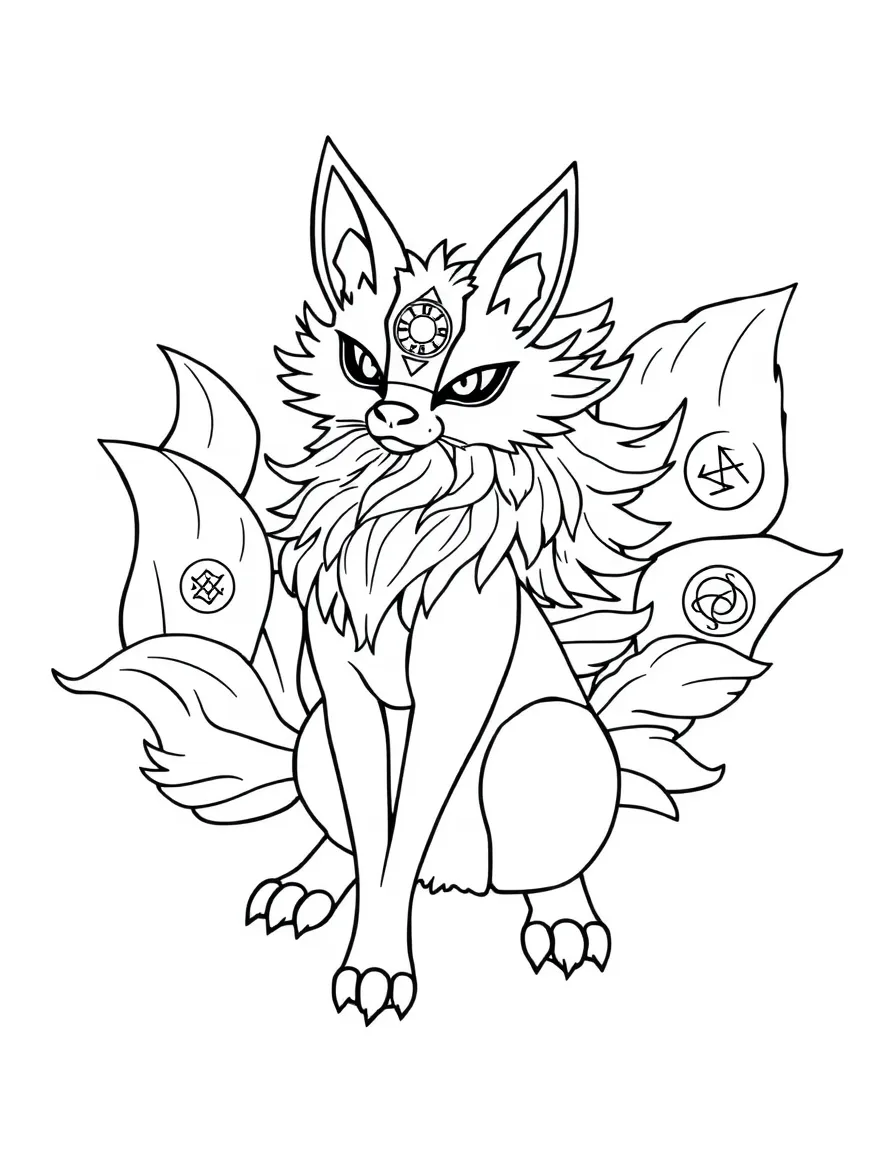 A kitsune with nine tails, each displaying a different magical symbol