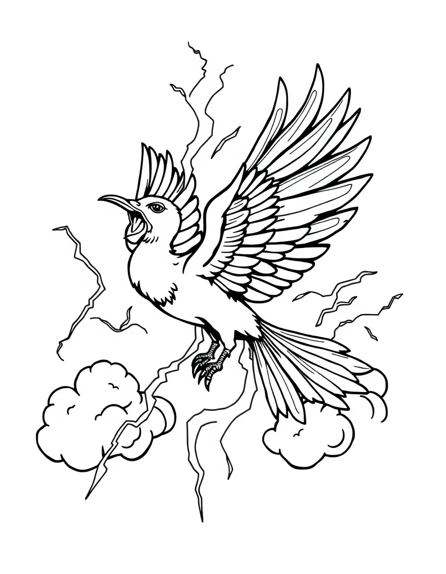 A thunderbird creating storm clouds with its wings