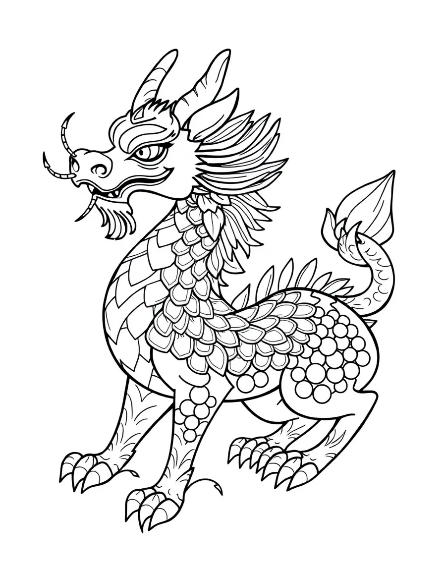 A qilin with scales that look like jewels or fire