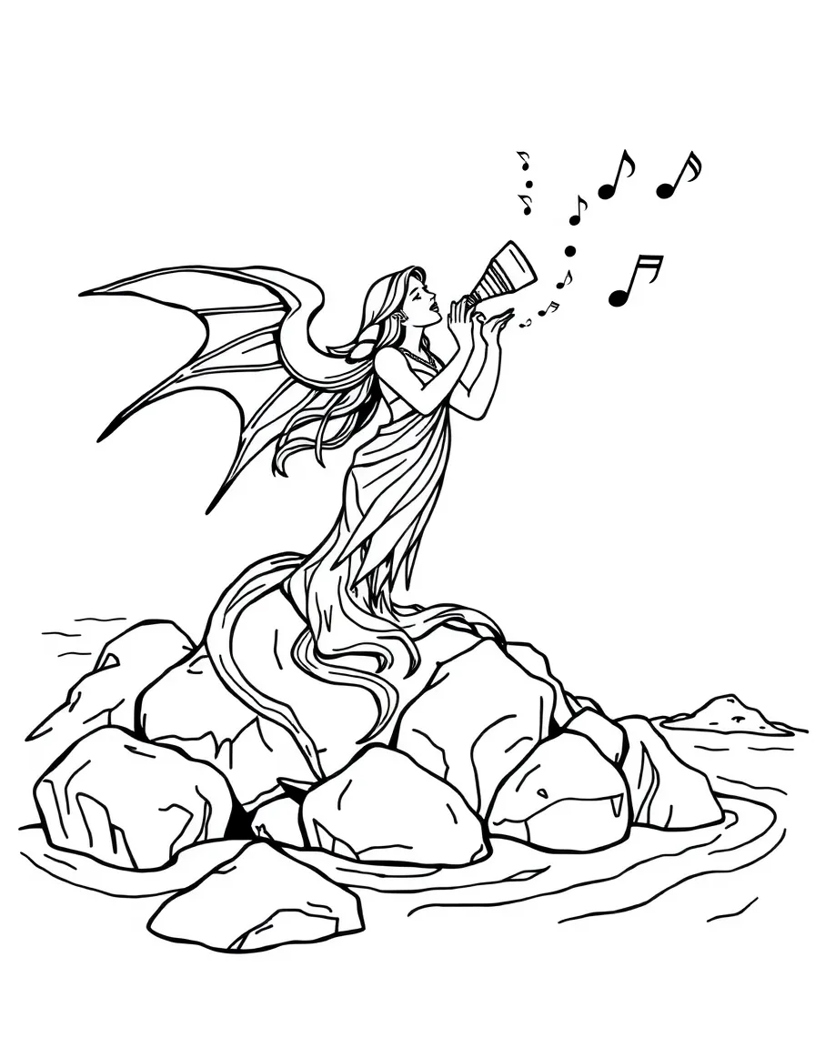 A siren singing on rocks with musical notes visible in the air