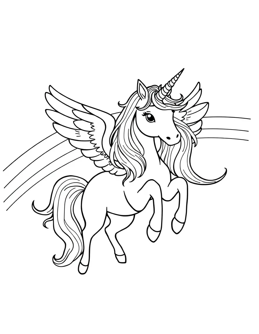 An alicorn (winged unicorn) creating rainbows with horn and wings