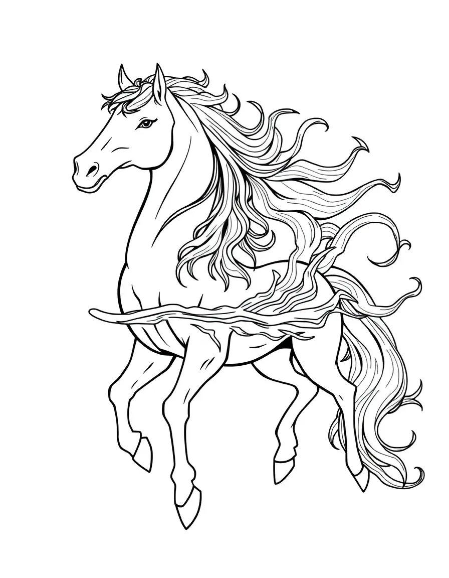 A kelpie transforming between horse and water elemental forms