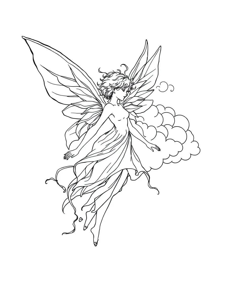 A sylph with body partially transformed into wind and clouds