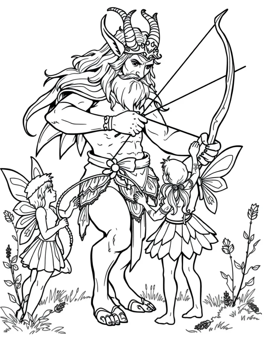A centaur teaching young fairies how to use a bow and arrow