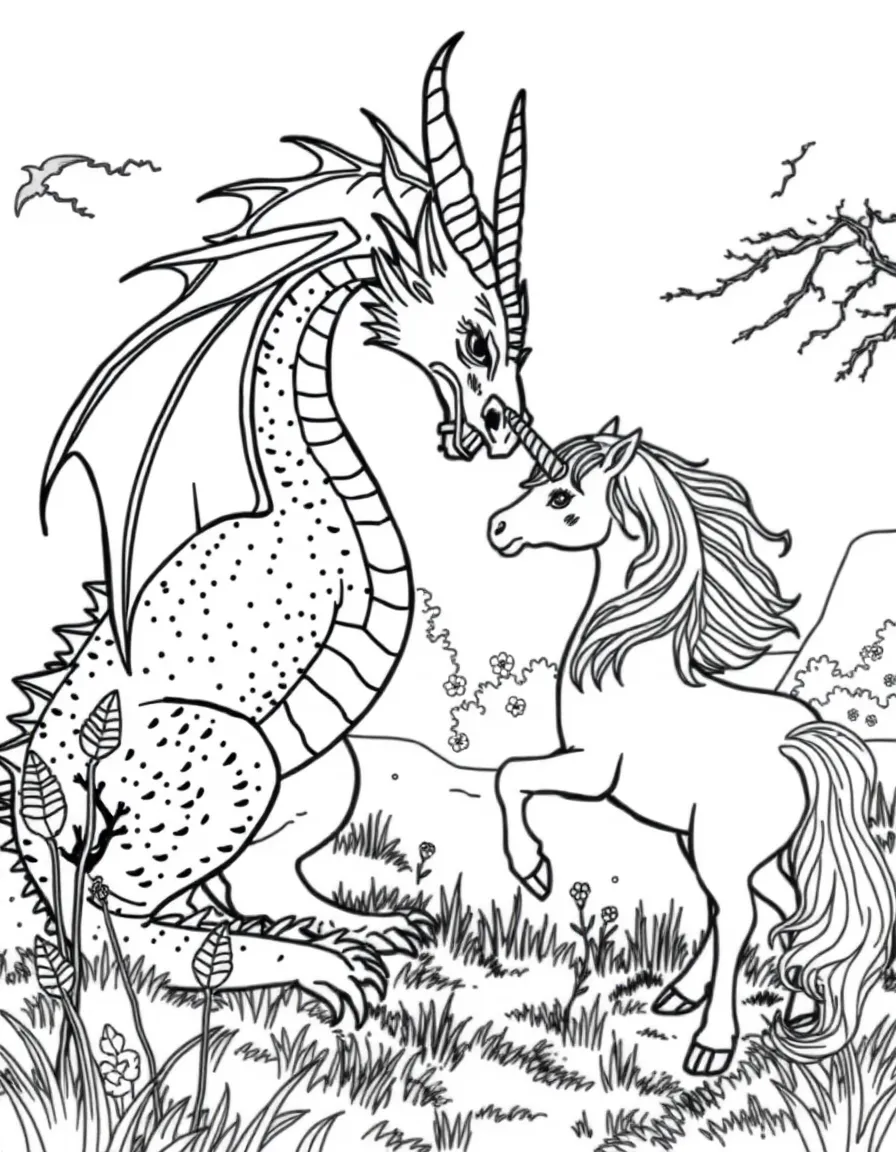 A dragon and unicorn facing each other in a misty clearing