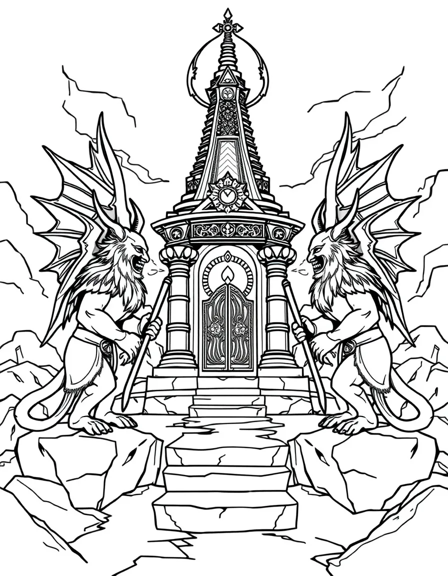Mythical guardians positioned around a sacred temple