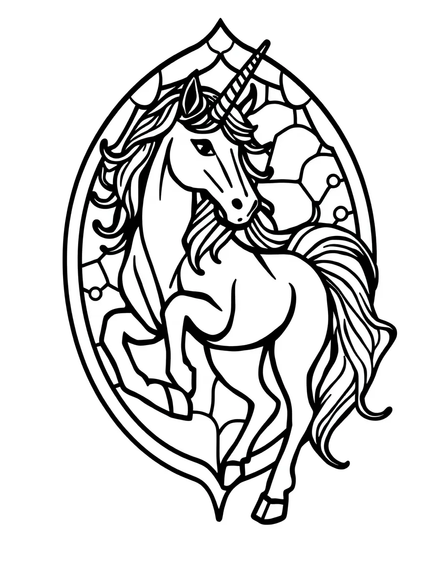 A unicorn depicted in stained glass window style