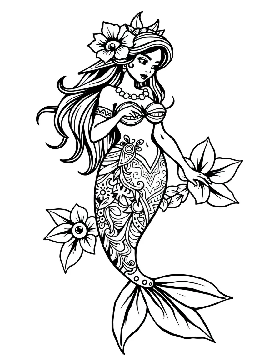 A mermaid illustrated in Hawaiian tribal tattooing style