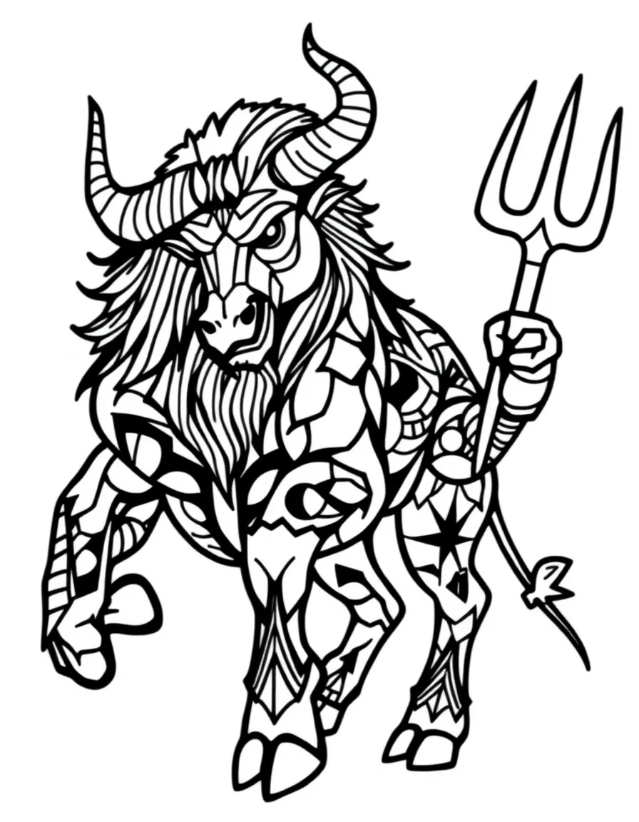 A minotaur rendered in bold Art Deco geometric patterns