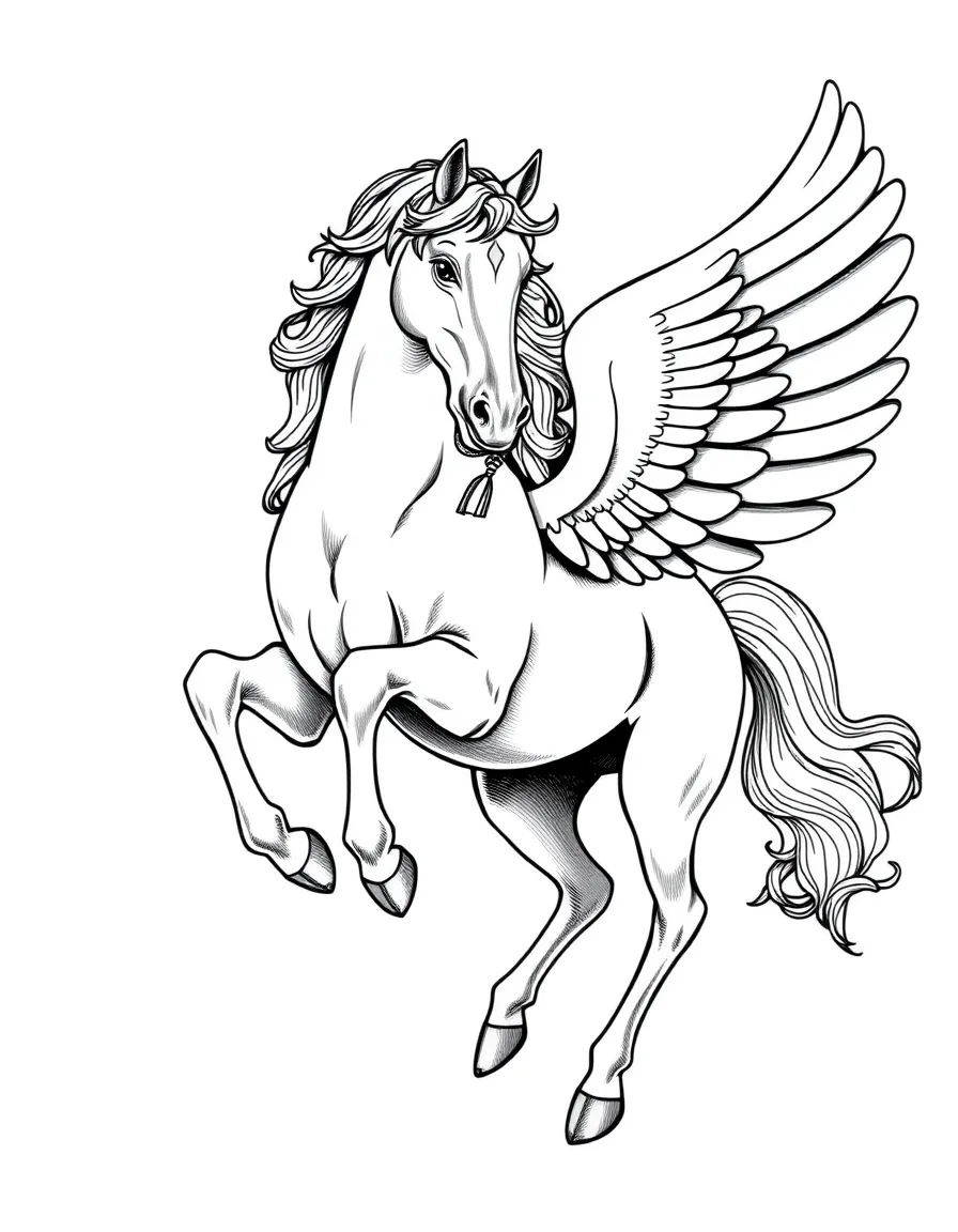 A pegasus illustrated in delicate Victorian engraving style