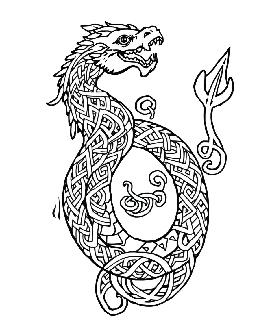 A sea serpent in Celtic knotwork and spiral patterns