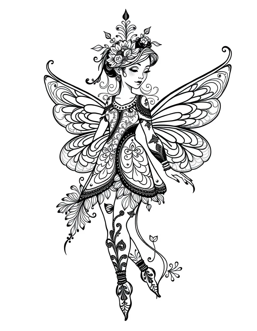 A fairy drawn in elaborate henna/mehndi pattern style