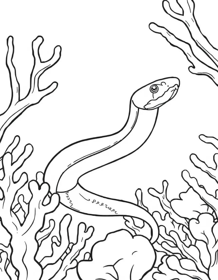 A slender sea snake swimming with vertical undulations through coral branches