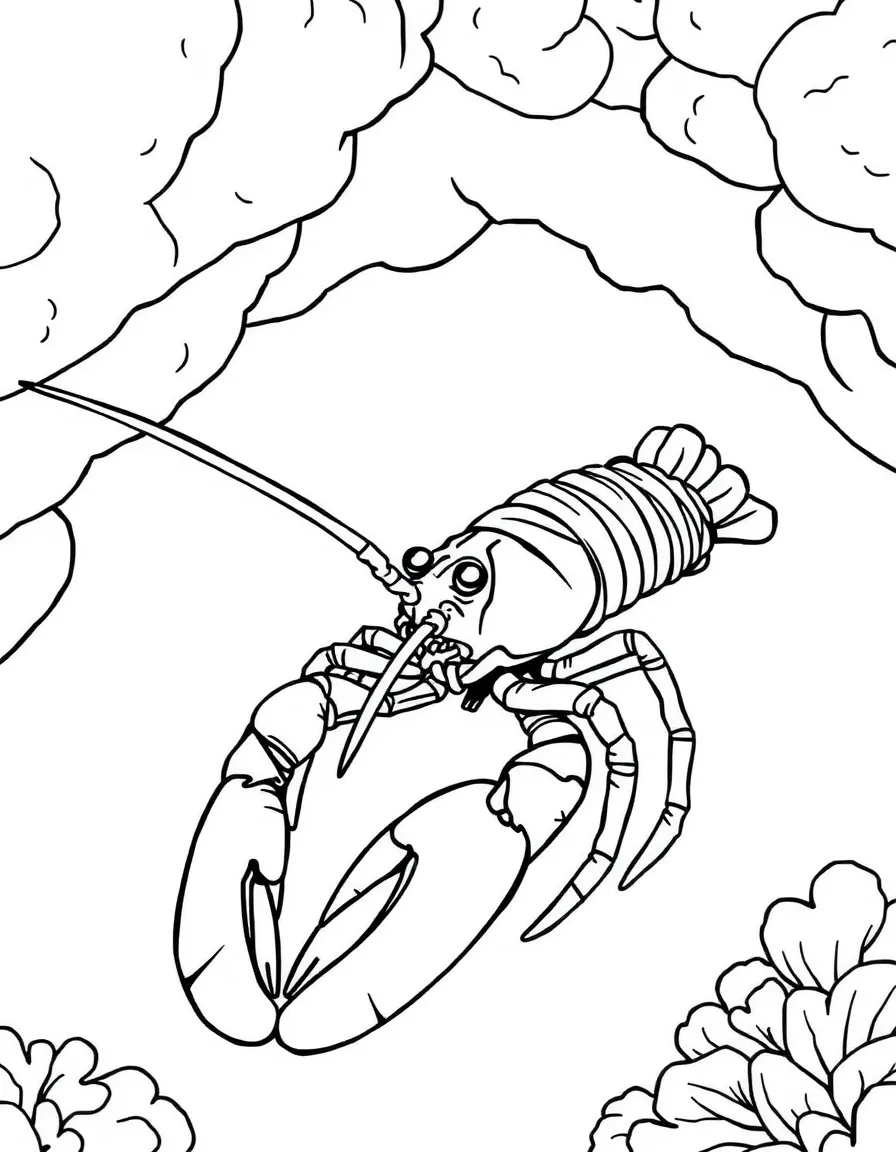 A large spiny lobster with its long antennae extending from under a coral ledge