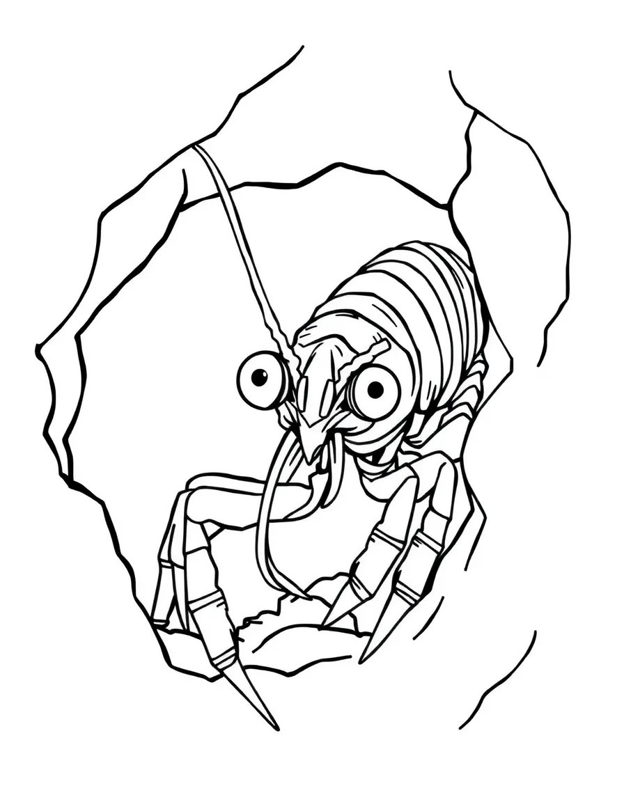 A mantis shrimp peering from its burrow with its complex eyes scanning for prey