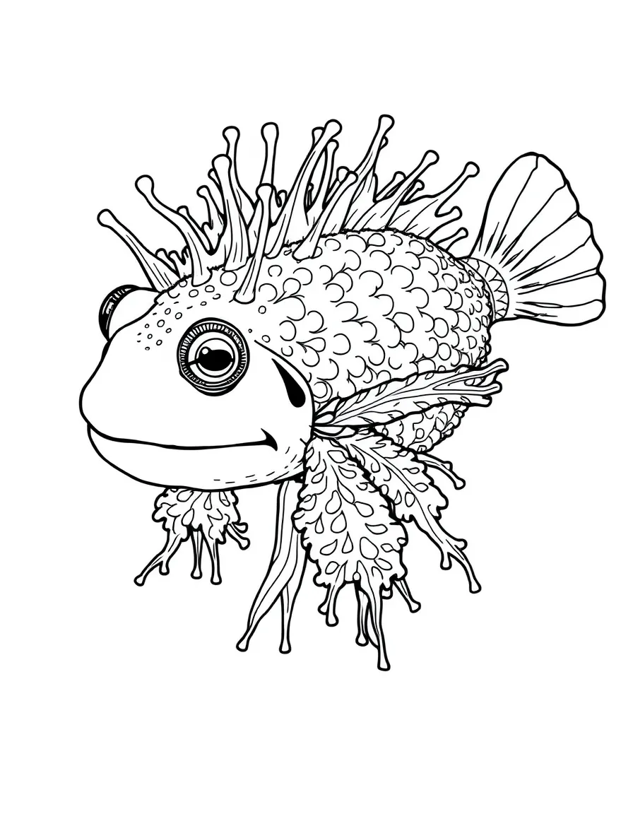A hairy frogfish with its textured skin appendages making it look like a clump of algae