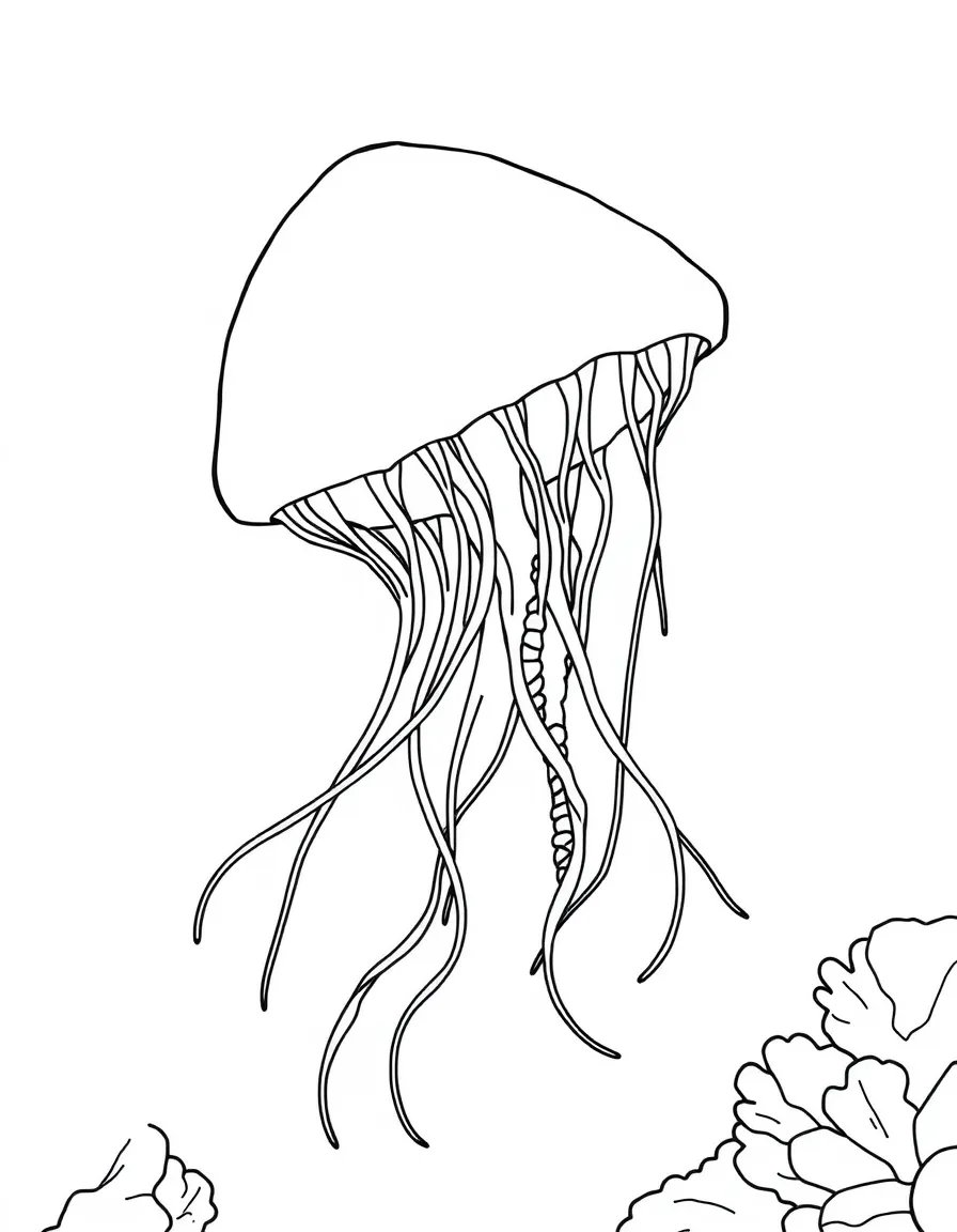 A sea nettle jellyfish with long trailing tentacles drifting near a reef wall