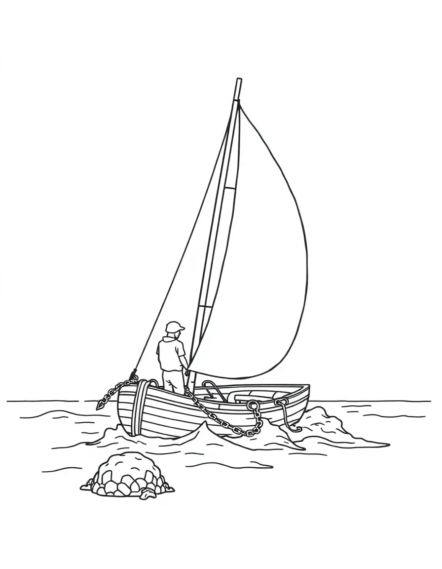 A by-the-wind sailor with its diagonal sail drifting past a reef system