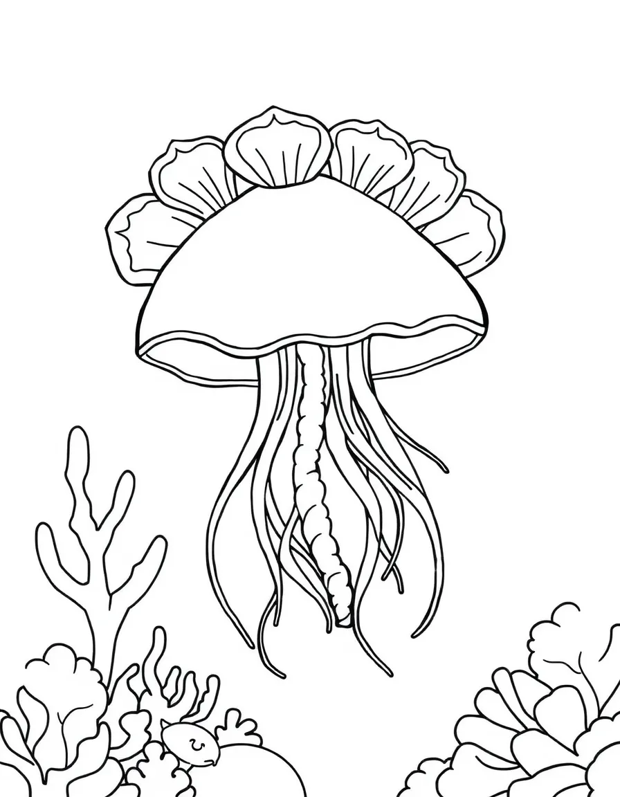 A flower hat jellyfish with its distinctive colorful "petals" swimming near the reef
