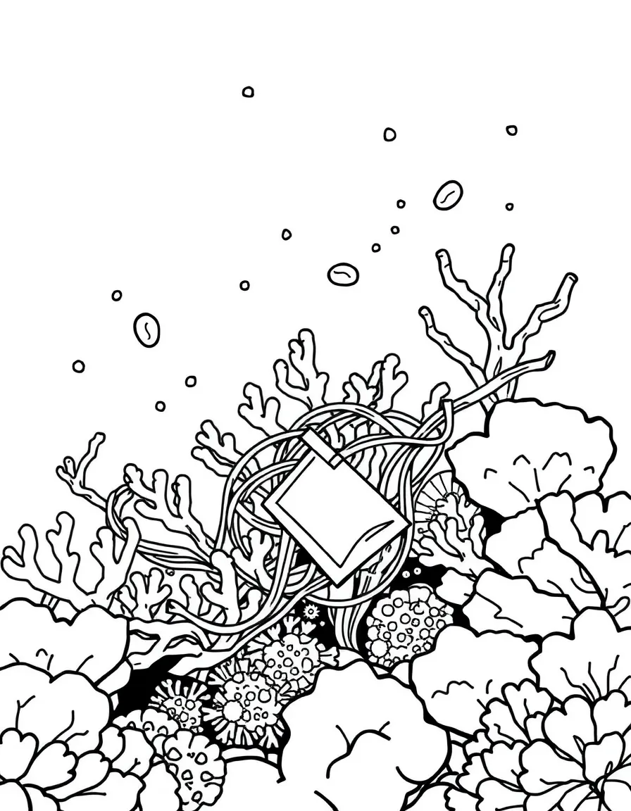 A reef showing plastic pollution entangled in coral structures