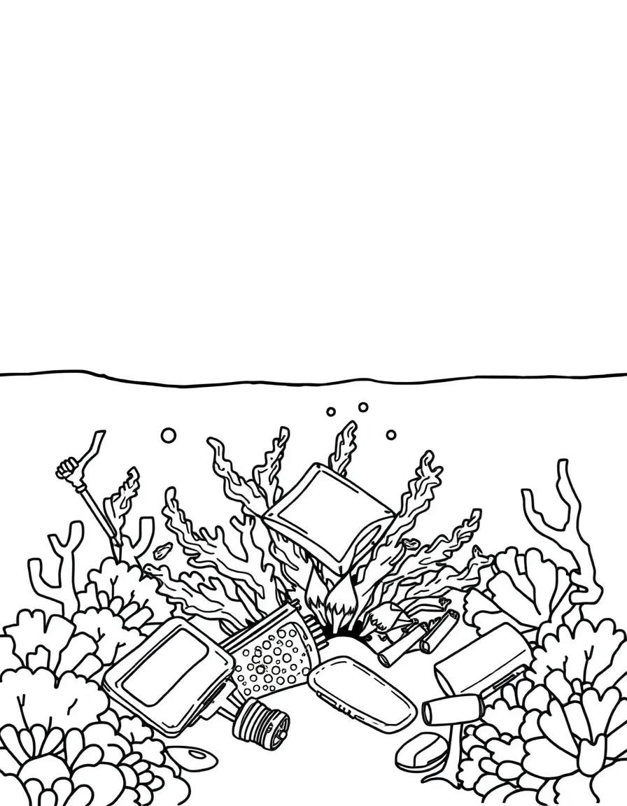 A before-and-after scene of a reef cleanup effort removing marine debris