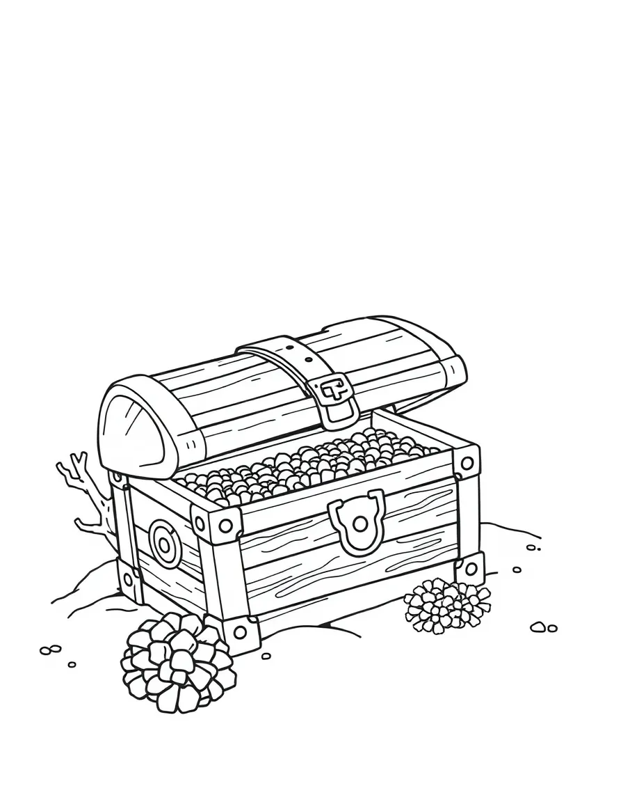 A pirate treasure chest partially buried in sand with coral growing on its exposed surfaces