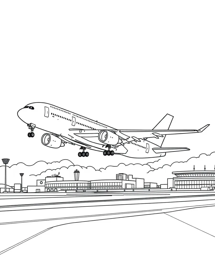 An Airbus A380 taking off from a runway with airport buildings visible