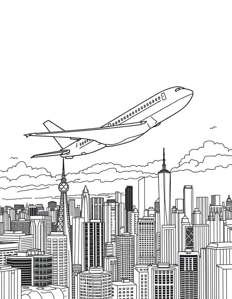 A commercial airliner flying over a cityscape with recognizable landmarks