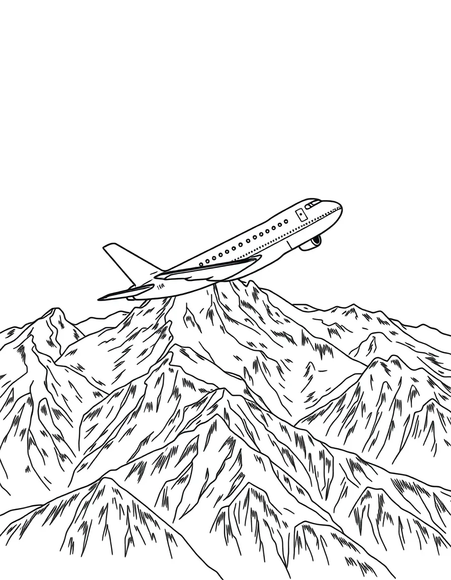 A passenger plane flying over a mountain range with snow-capped peaks