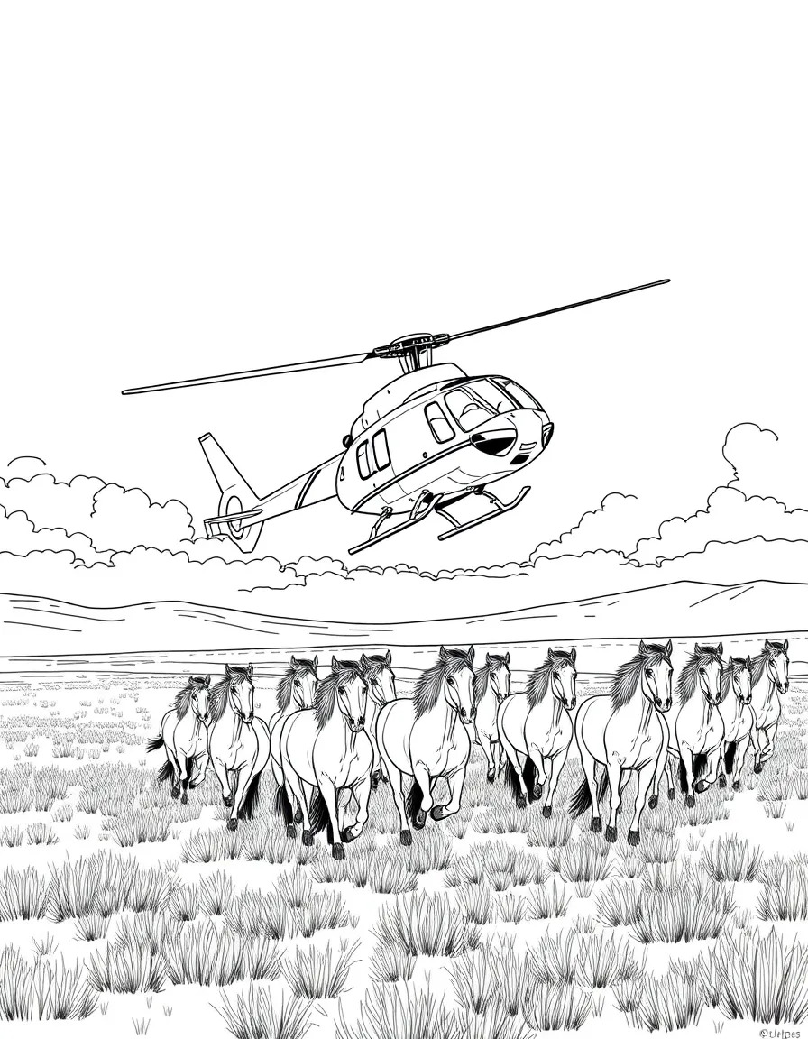 A helicopter flying over a herd of wild horses on open plains