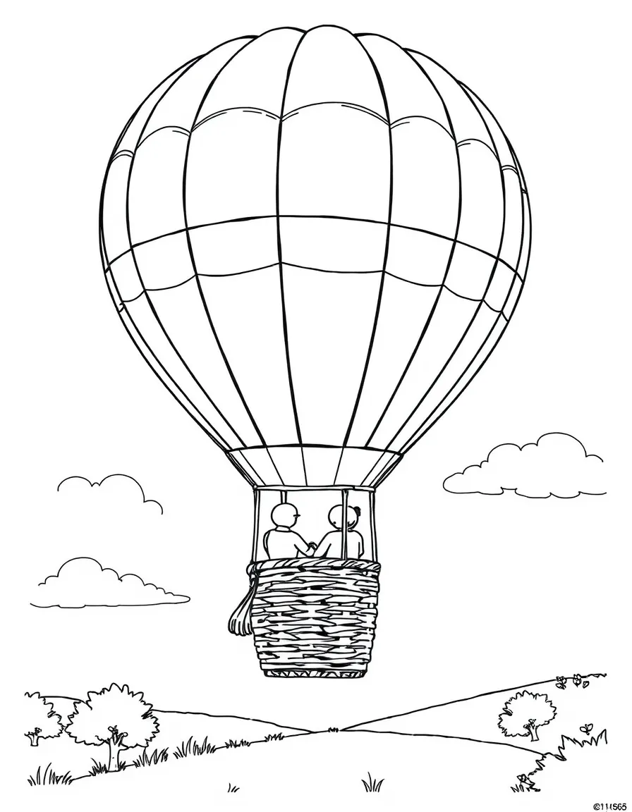 A hot air balloon with a wicker basket and passengers enjoying the view