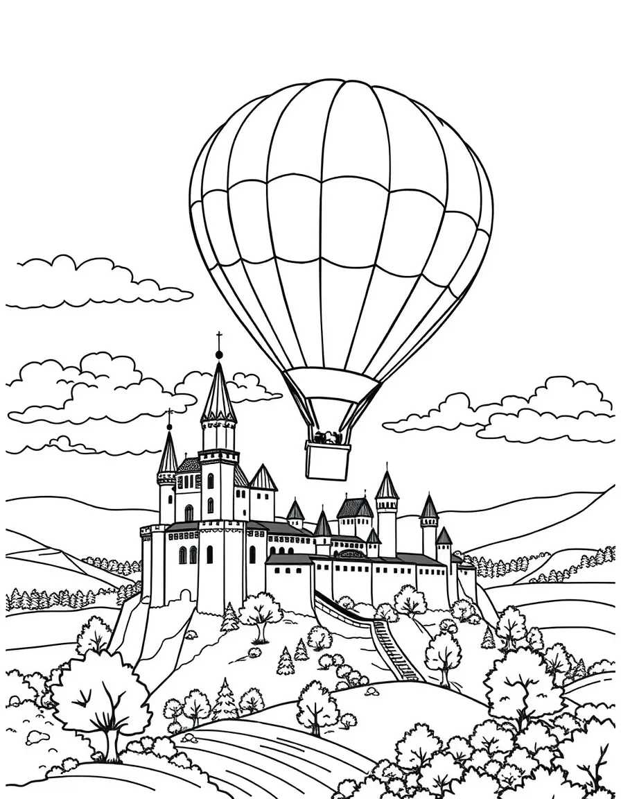 A hot air balloon flying over a medieval castle and countryside