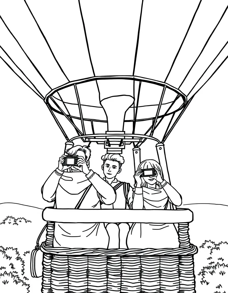 A close-up of passengers in a hot air balloon basket taking photos