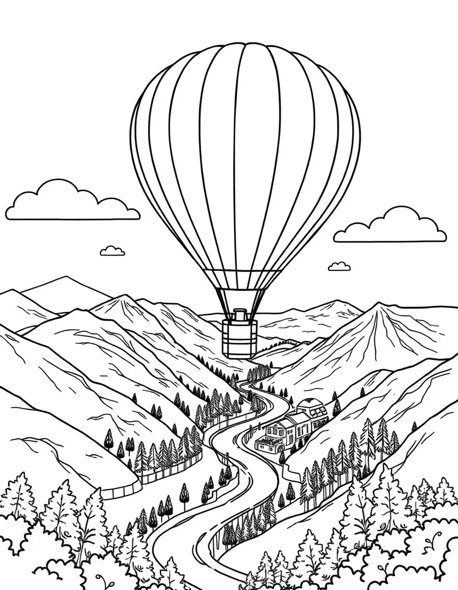 A hot air balloon flying above a river winding through a valley